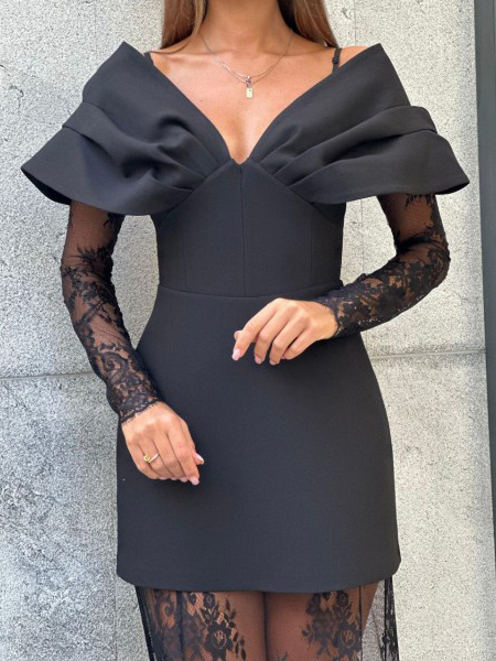 Elegantly Detachable Lace Sleeve Mini Dress