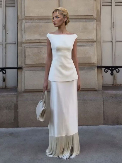 Elegant Satin Fringe Hem Skirt Two-Piece Set