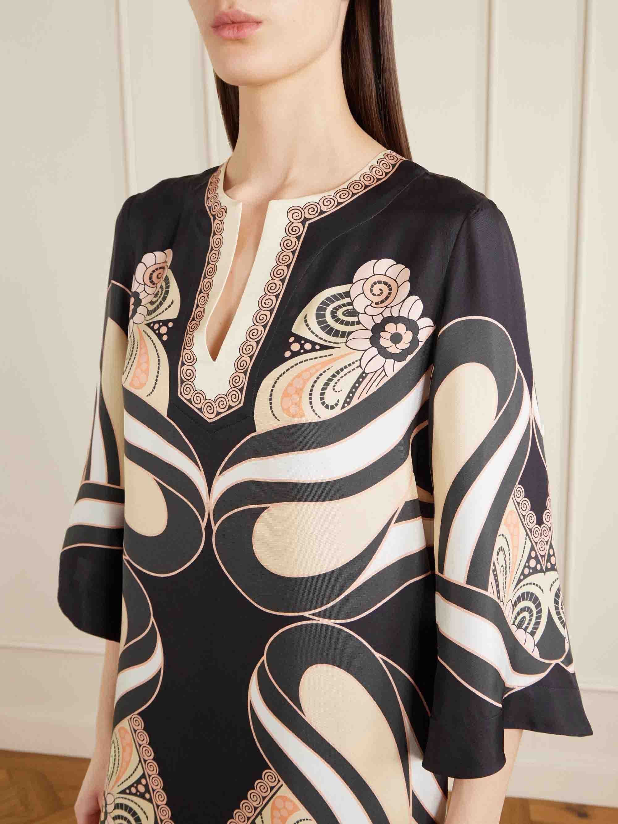 Elegant Satin Abstract Print V-Neck Flared Sleeve Midi Dress