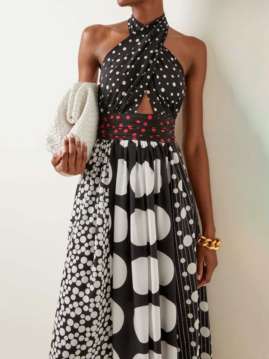 Retro Black & White Polka Dot Backless Maxi Dress