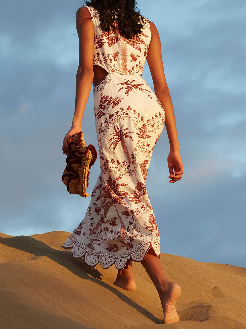Palm Tree Print O‑Ring Cutout Scalloped Hem Midi Dress