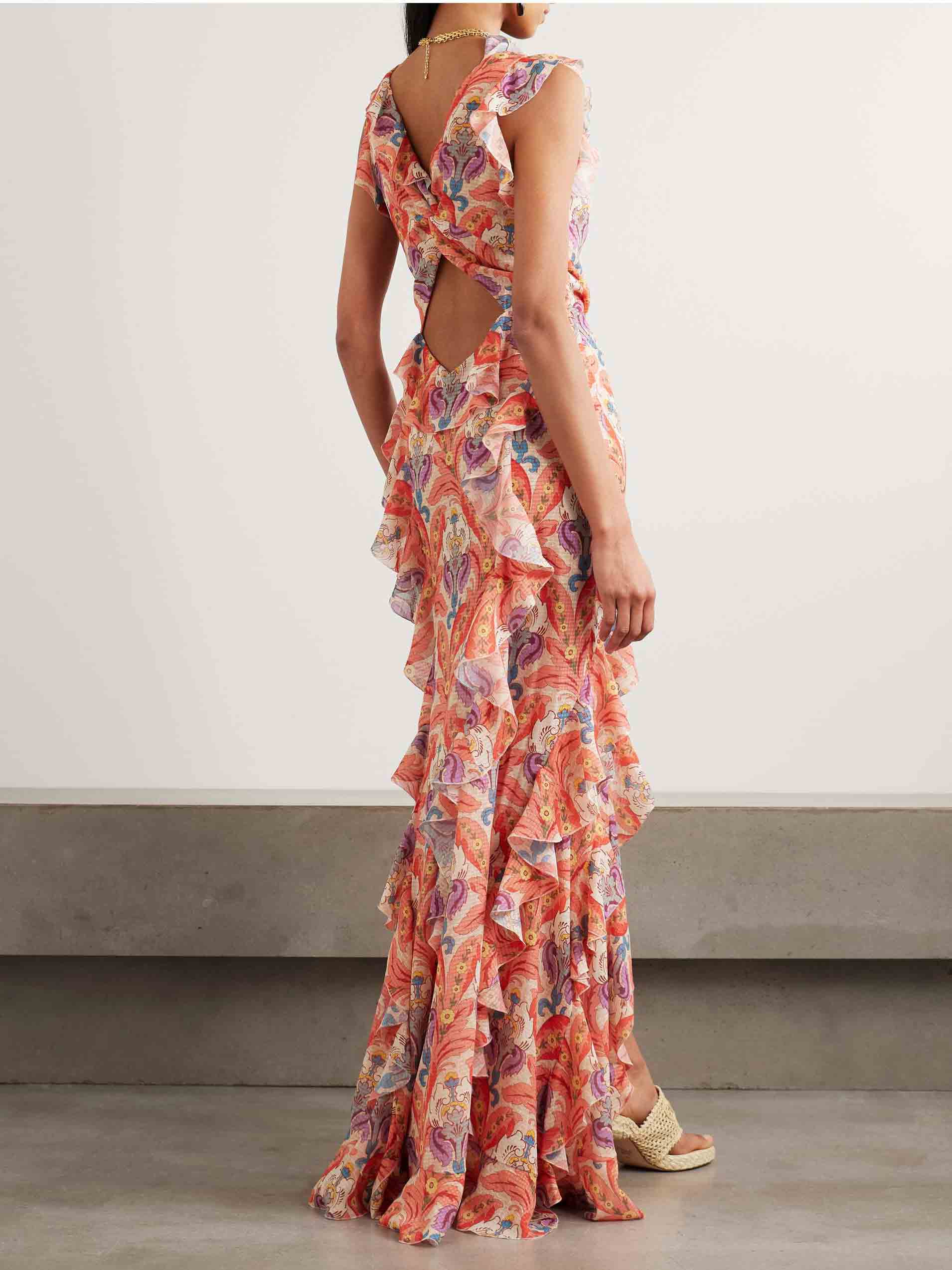 Fresh Retro Floral Print Open Back Ruffle Maxi Dress
