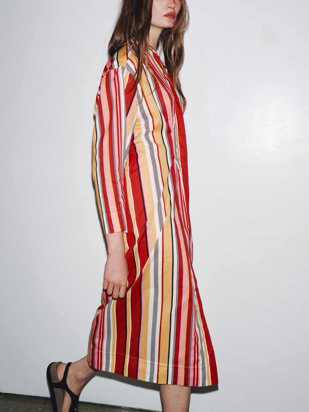 Unique Striped Print Shirt-Style Midi Dress