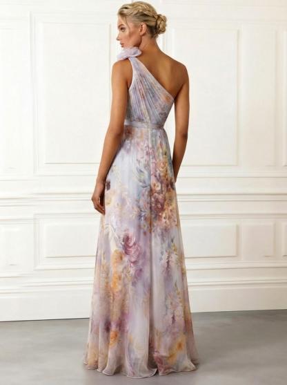 Elegant One-Shoulder Floral Print Chiffon Maxi Dress