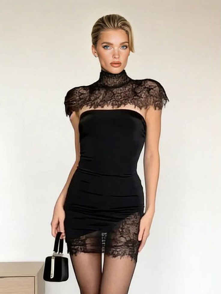 Elegant Lace Panel Strapless Bodycon Mini Dress