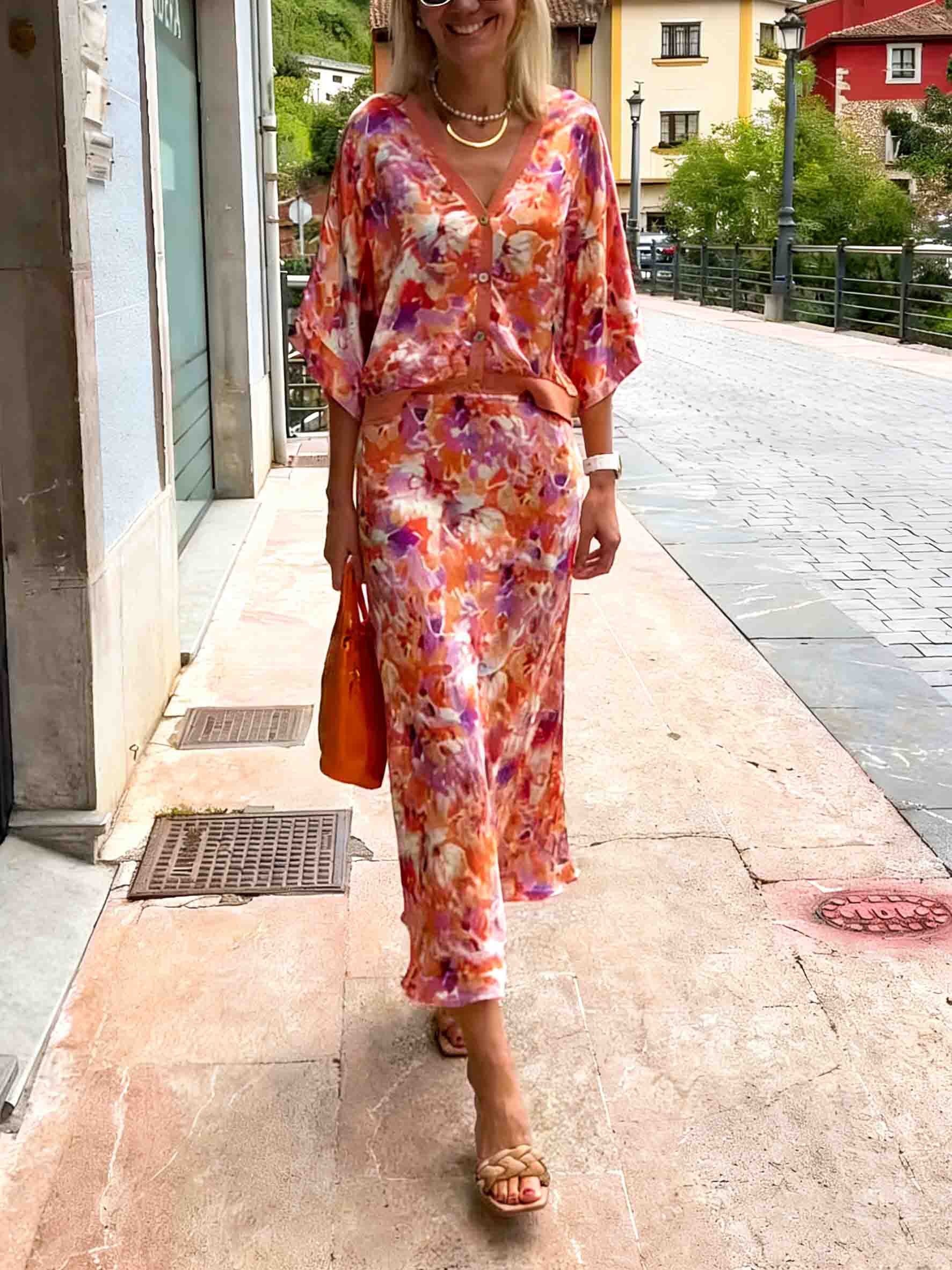 Exquisite Floral Print Satin Two-Piece Set