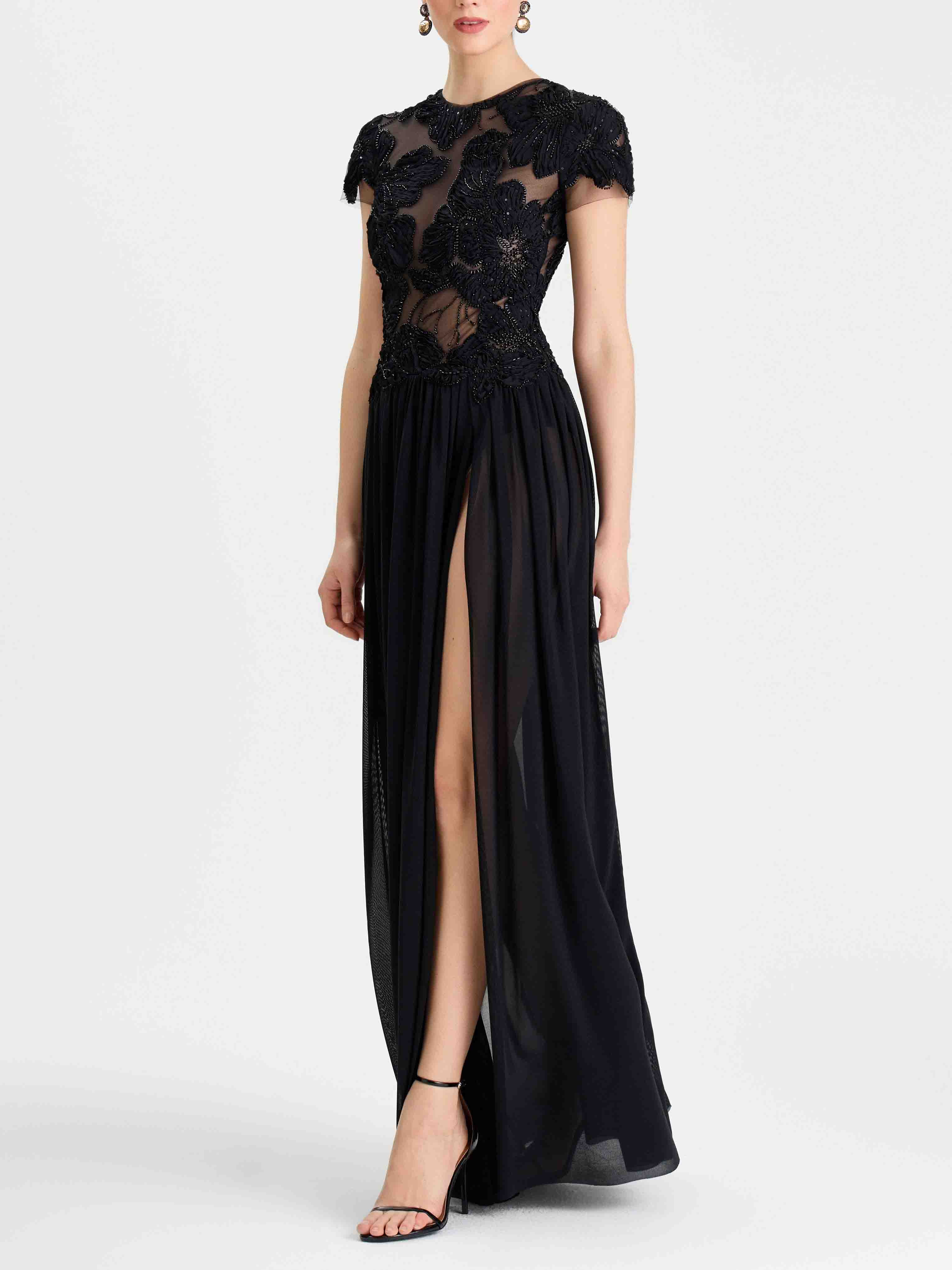 Elegant Sheer Neckline Floral Applique Evening Maxi Dress