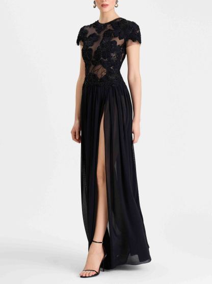 Elegant Sheer Neckline Floral Applique Evening Maxi Dress
