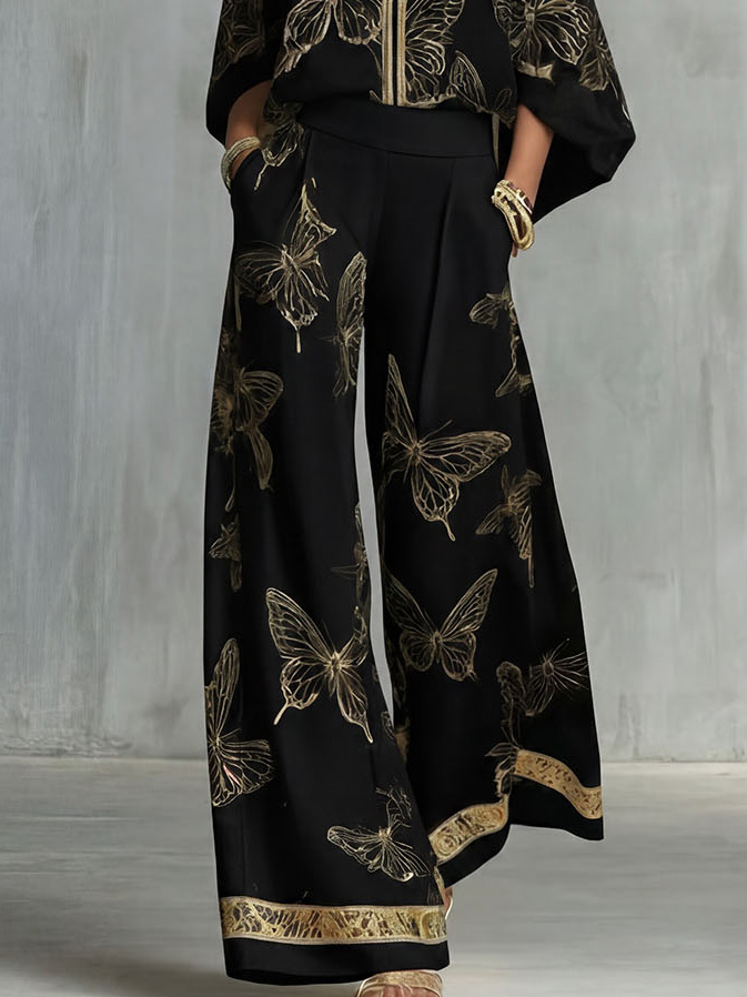 Elegant Butterfly Print Zip Shirt