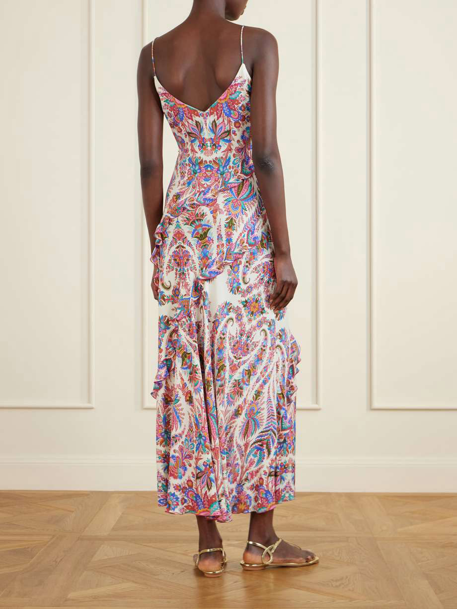 Elegant Paisley Print Ruffled Slip Maxi Dress