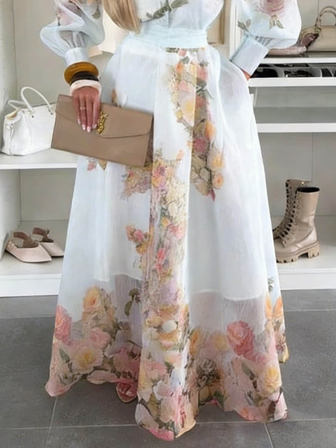 Elegant Sheer Floral Print Long Sleeve Blouse