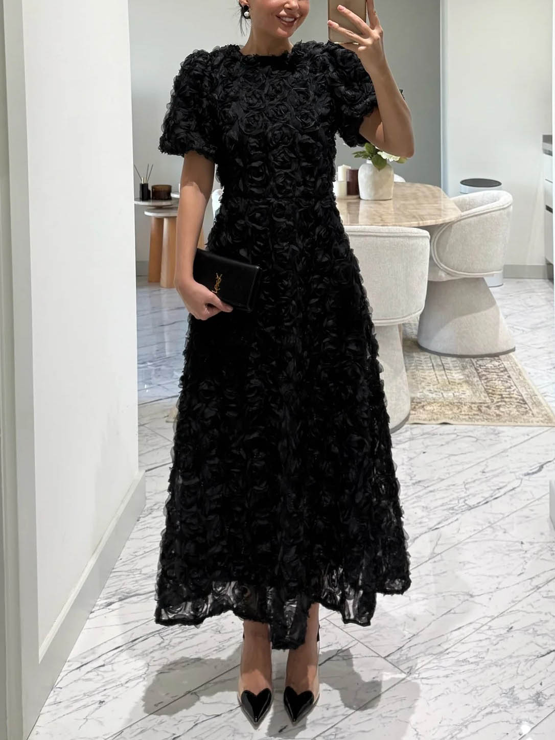 Elegant Rose-patterned Puff-sleeved Maxi Dress