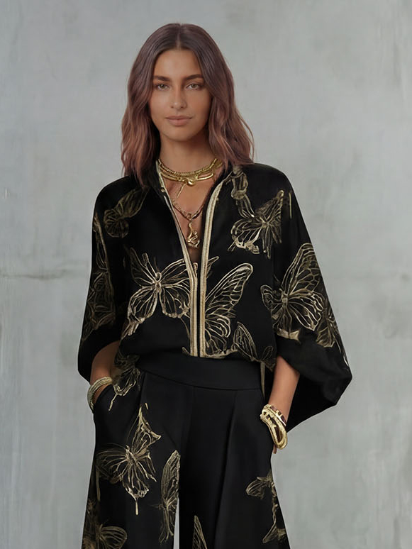 Elegant Butterfly Print Zip Shirt