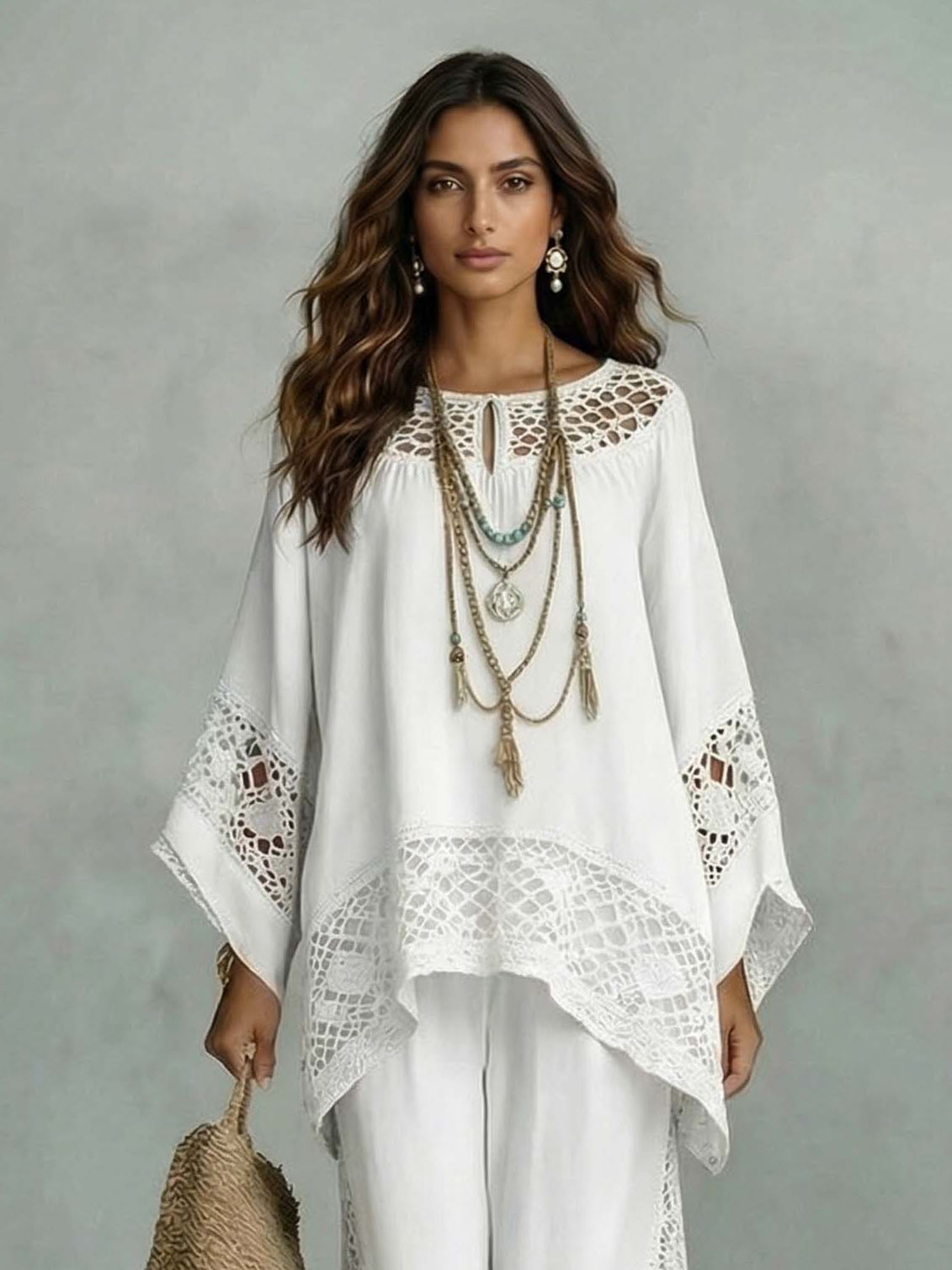 Casual Crocheted Lace Loose Kaftan Top Two-Piece Set