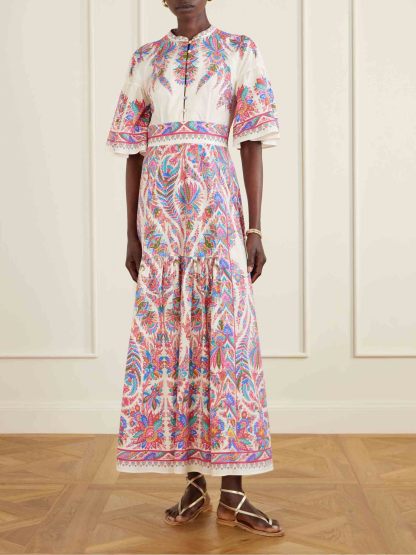 Paisley Print Stand Collar Maxi Dress