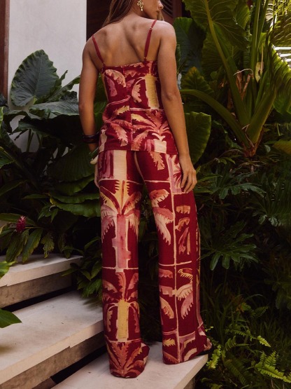 Retro Tropical Coconut Tree Print Wide-leg Pants
