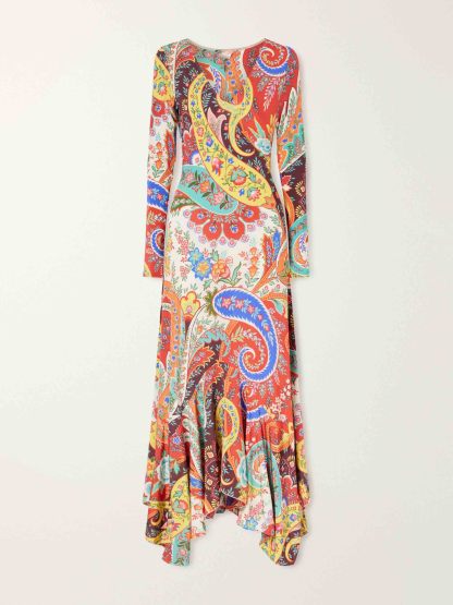 Colorful  Paisley Print V-Neck Flounce Hem Maxi Dress
