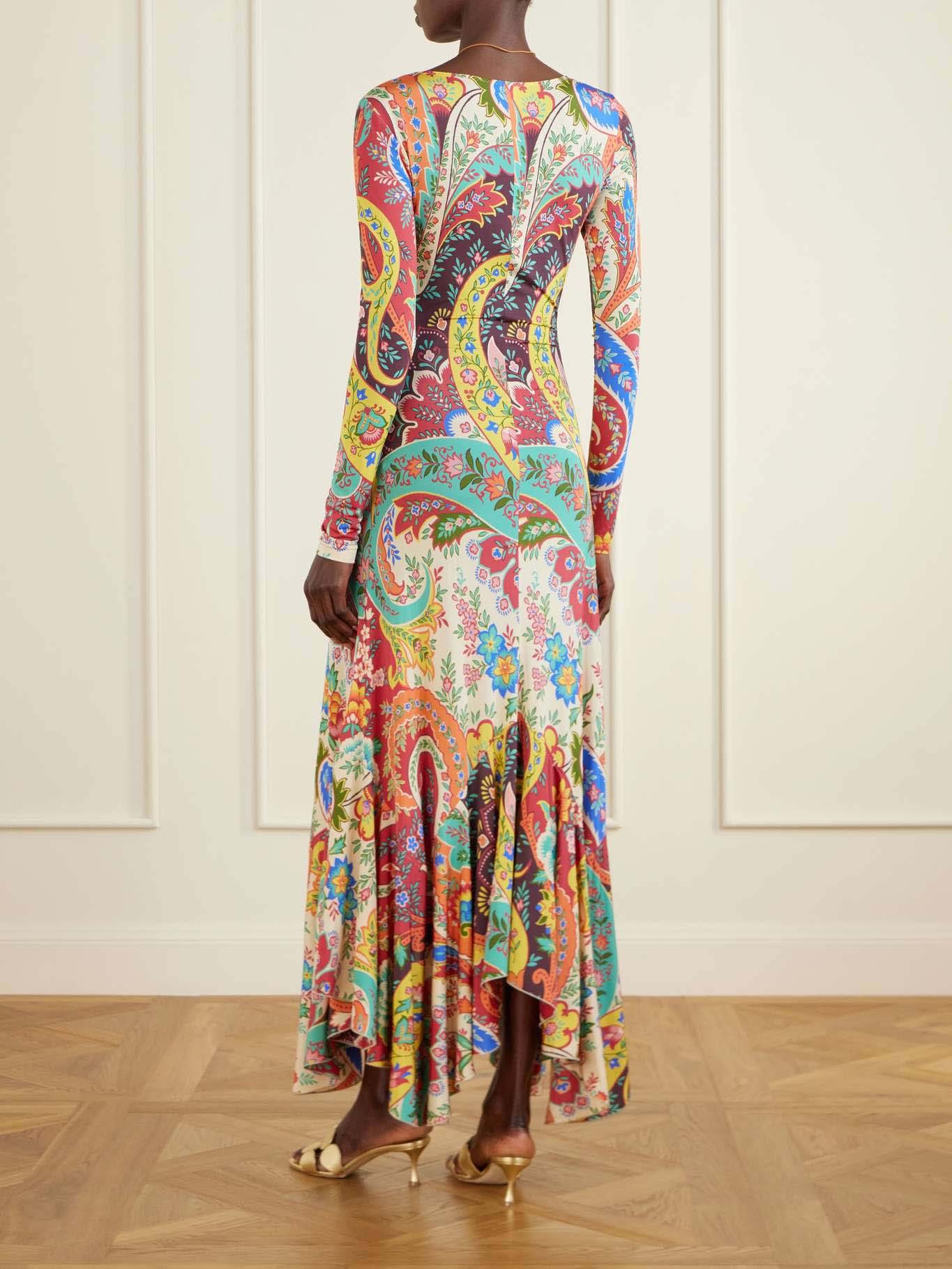 Colorful  Paisley Print V-Neck Flounce Hem Maxi Dress