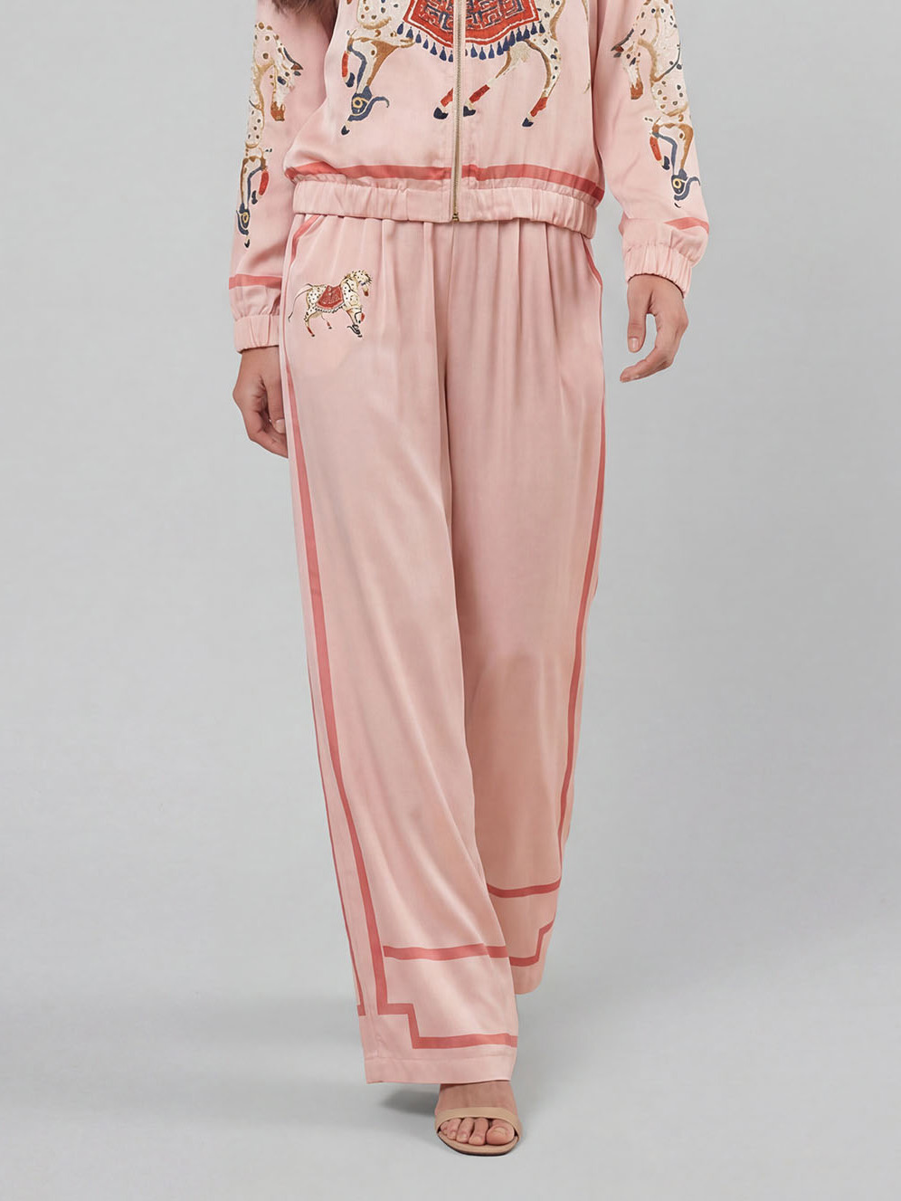 Exquisite Satin Horse Print Zip-Up Shirt