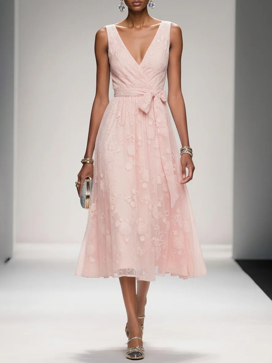 Elegant V-Neck Lace Embroidered Tie-Front Midi Dress