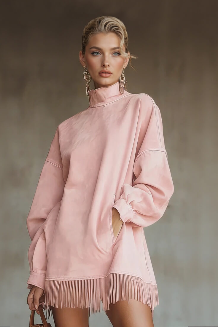 Fashion Tassel Patchwork High Neck Loose Pocket Mini Dress