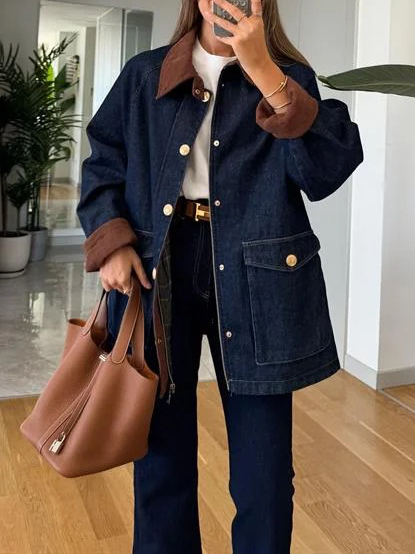 Casual Denim Big Pocket Metal Buckle Loose Coats