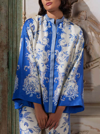 Chic Neckline Digital Print Flared Sleeve Shirt
