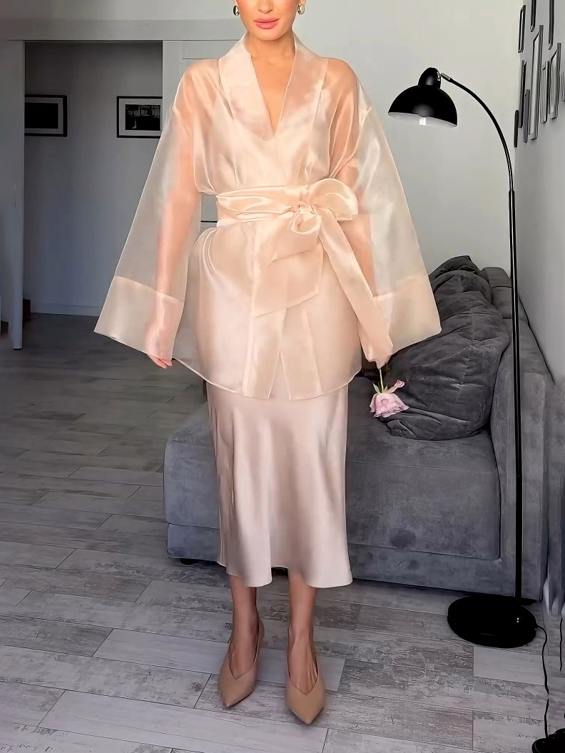 Elegant Organza Belted Wrap Shirt