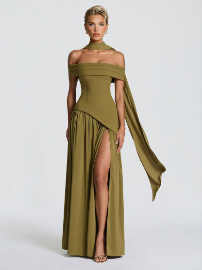 Elegant Off-Shoulder Asymmetric Chiffon Maxi Dress