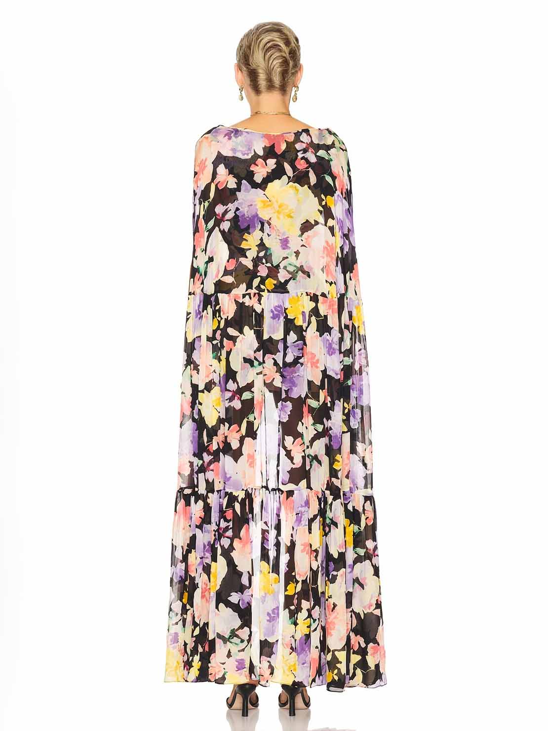 Elegant Floral Print Sheer Cape High-Low Mini Dress