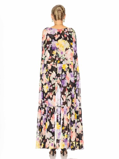 Elegant Floral Print Sheer Cape High-Low Mini Dress