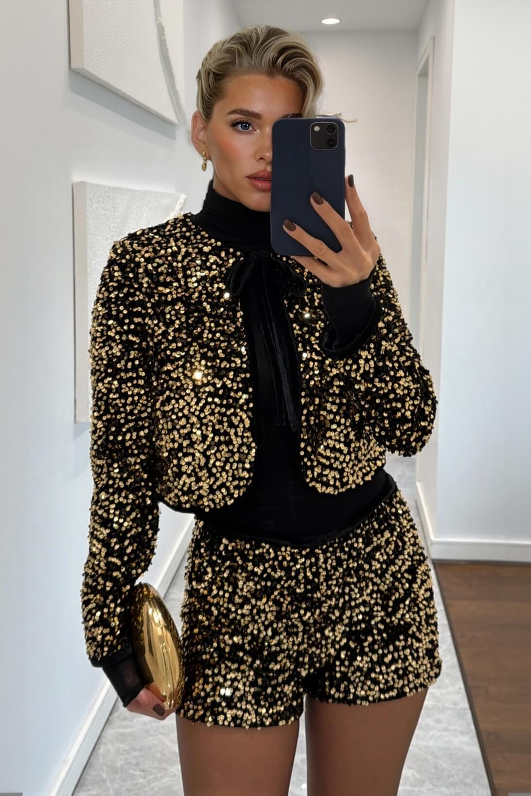 Exquisite Gold Sequin Blazer Velvet Shorts Set