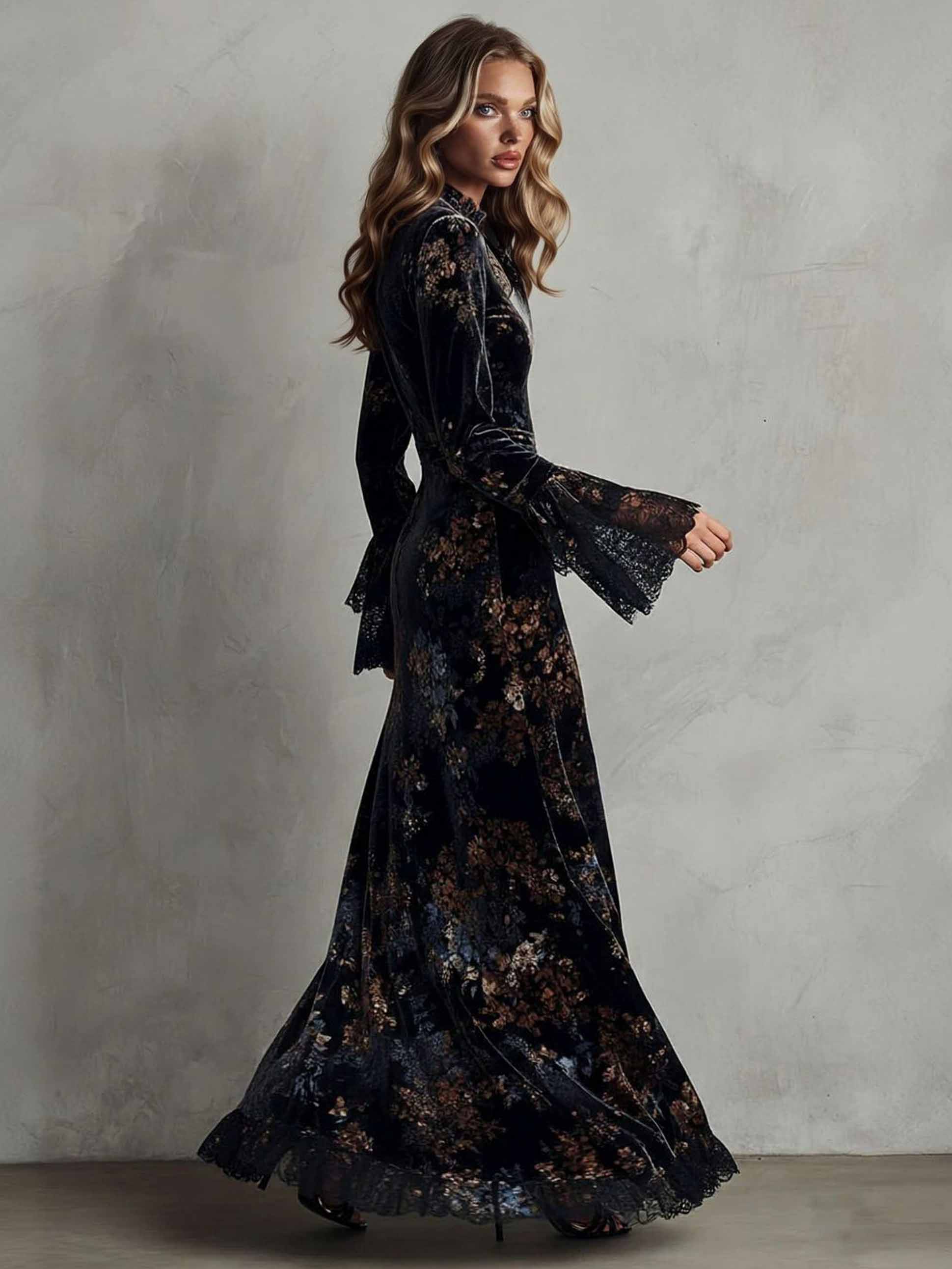 Exquisite Velvet Floral Print Pleated Maxi Dress