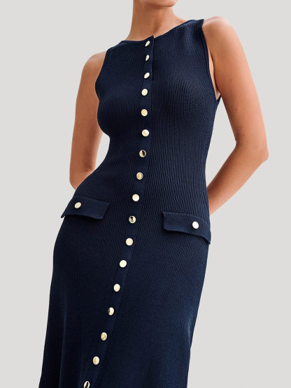 Elegant Crew Neck Buttoned Sleeveless Knit Midi Dress