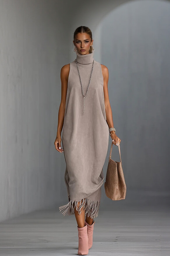 Elegant Faux Suede Fringe Hem Sleeveless Turtleneck Midi Dress