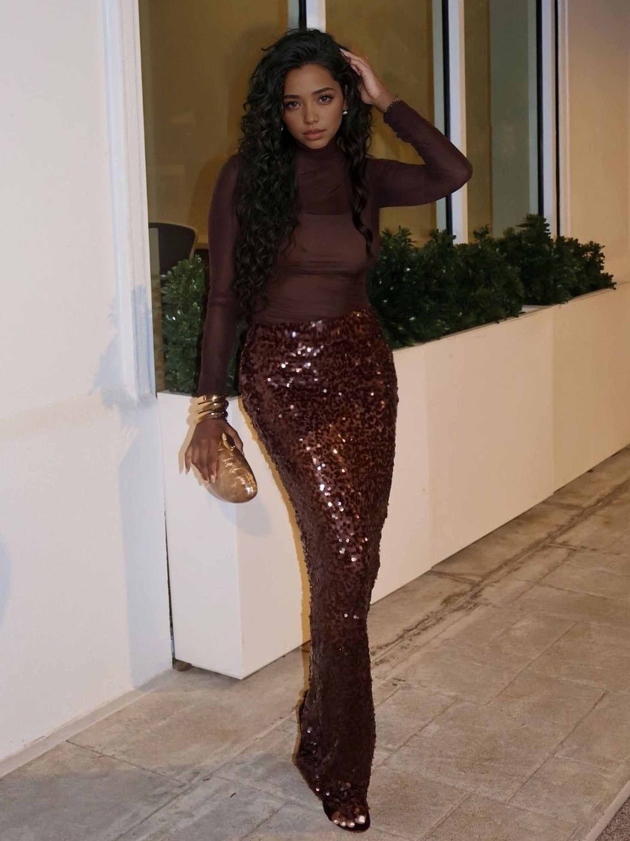 Elegant Extra Long Sequined Midi Skirt Two-Piece Set