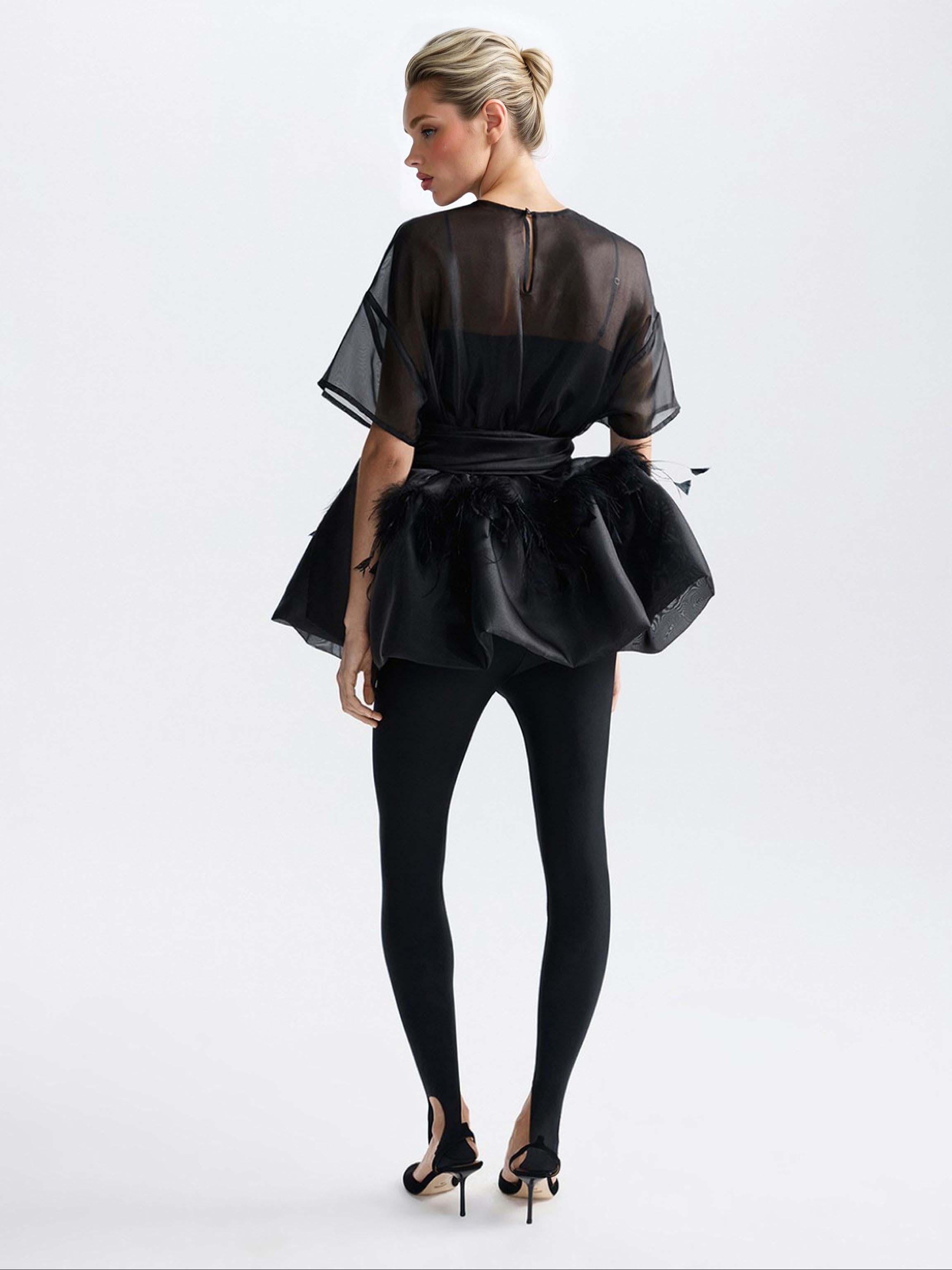 Elegant Feather Organza Top Two-Piece Set