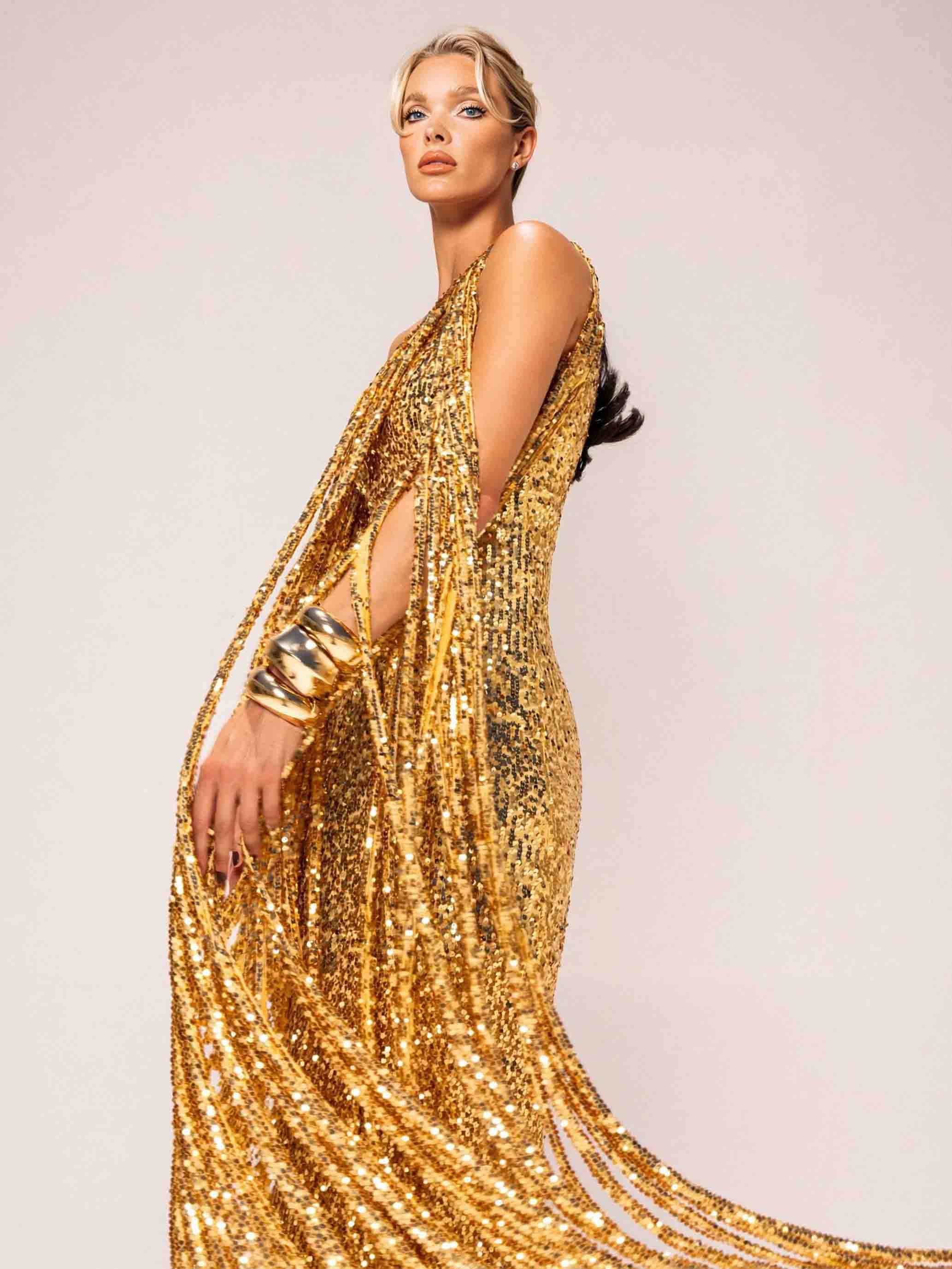 Elegant One-shoulder Neckline Tassel Sequin Maxi Dress