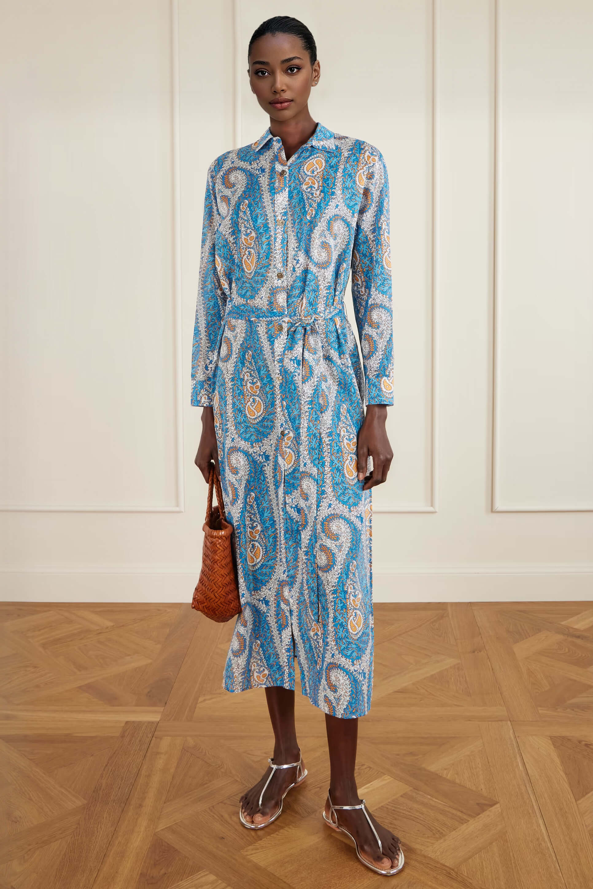 Unique Tie-Waist Paisley Print Midi Shirt Dress