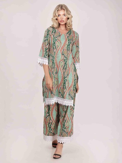 Elegant Paisley Print Lace-trimmed Long Shirt