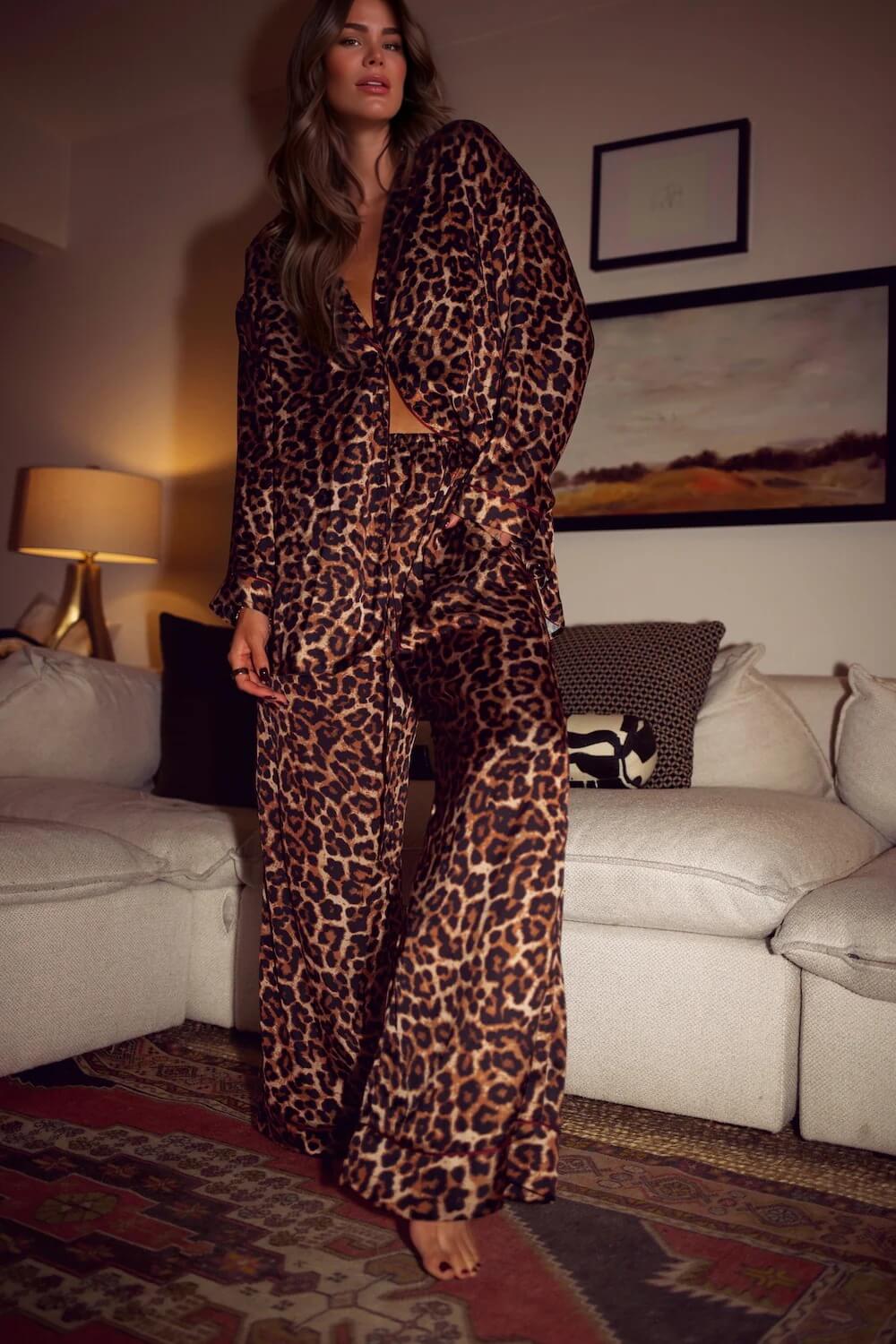 Leopard Print Loose Top Elastic Waist Wide-Leg Pants Pajama Set