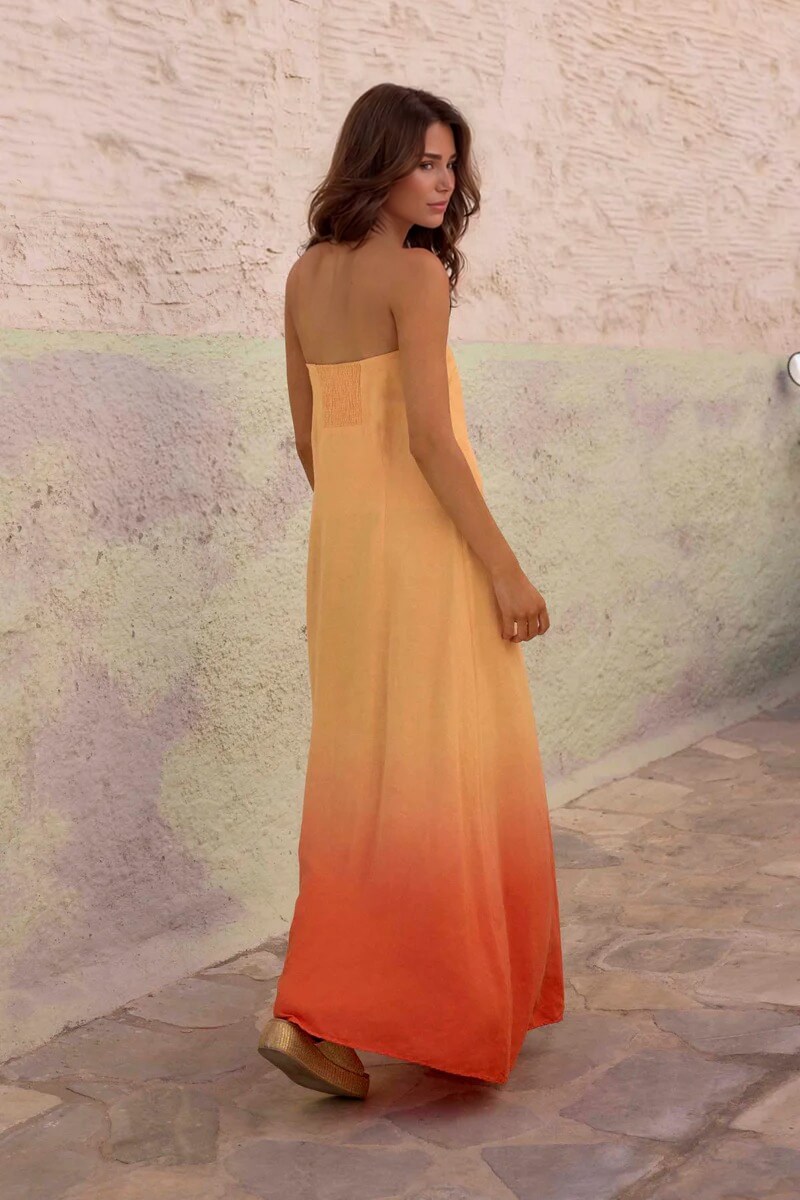 Unique Gradient Color Print Strapless Maxi Dress