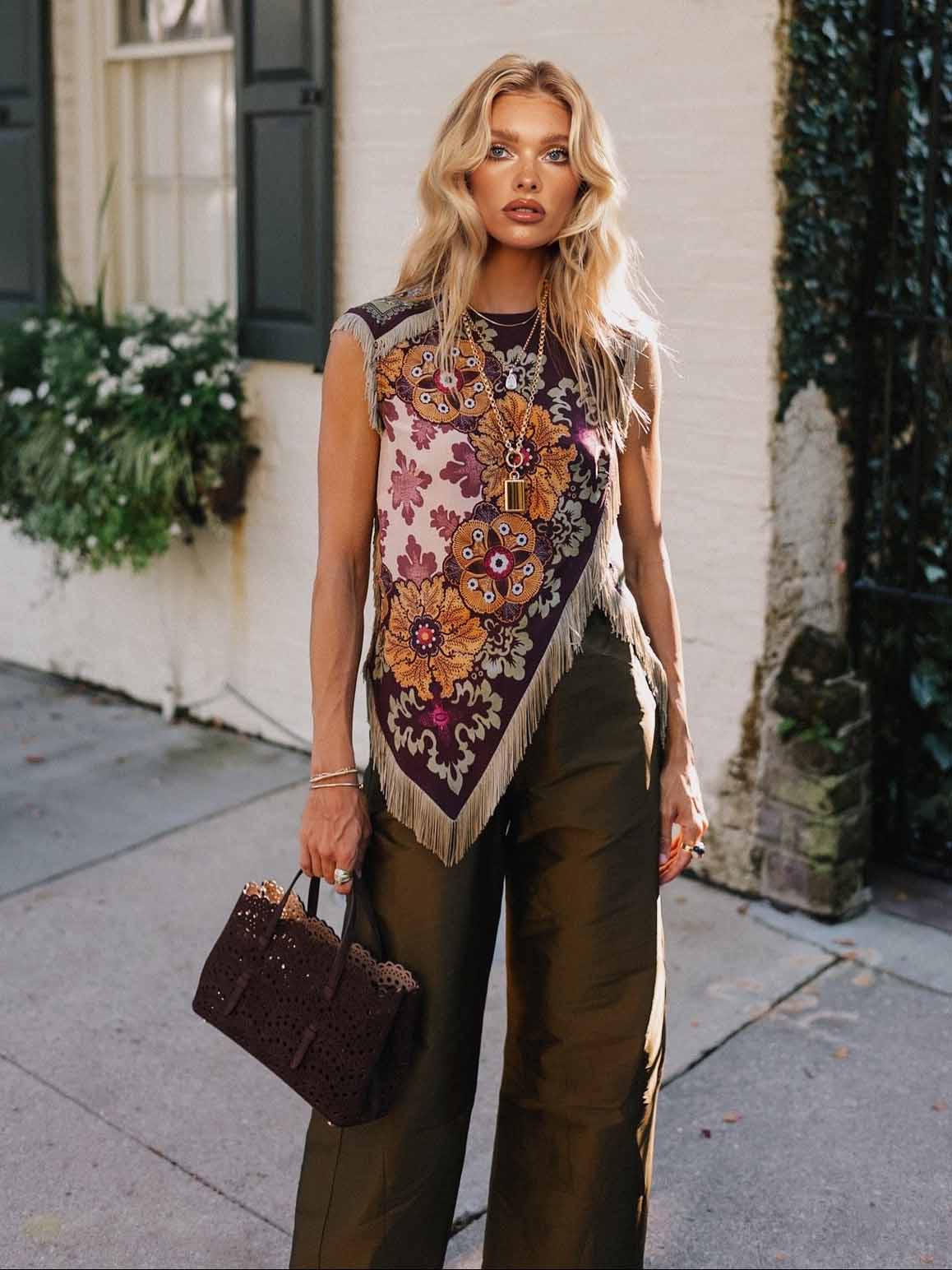 Unique Retro Floral Print Tassel Vest Two-Piece Set