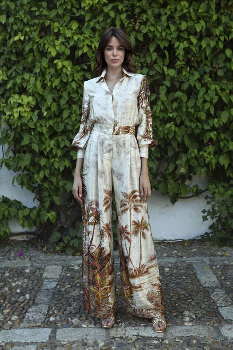 Elegant Palm Print Satin Elastic Waist Pocket Wide-Leg Jumpsuit