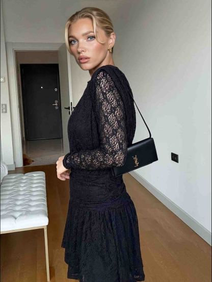 Elegant Long-sleeved Lace-textured Mini Dress