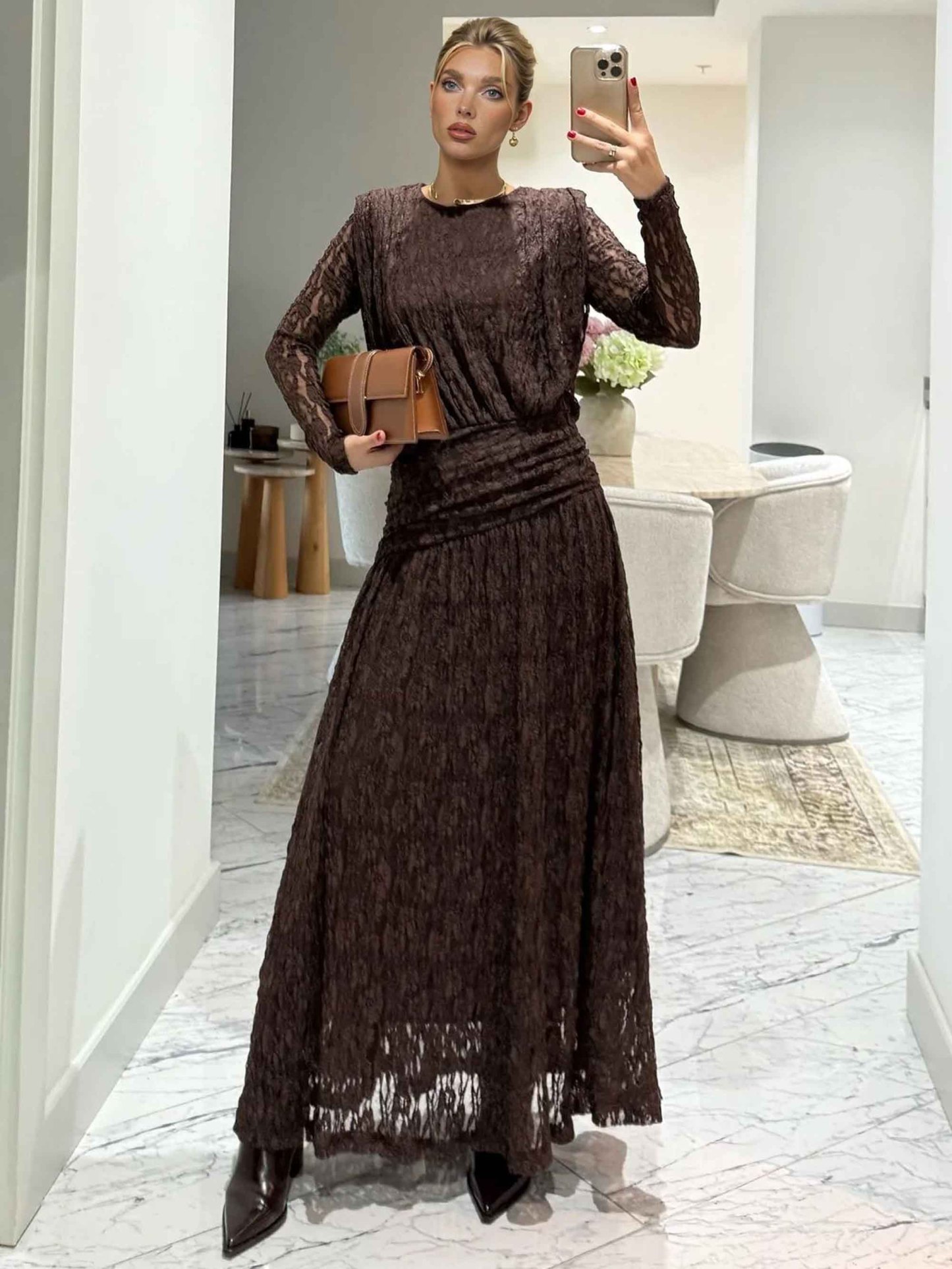 Elegant Long-Sleeve Lace-Textured Maxi Dress