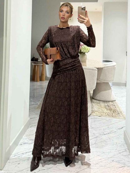 Elegant Long-Sleeve Lace-Textured Maxi Dress