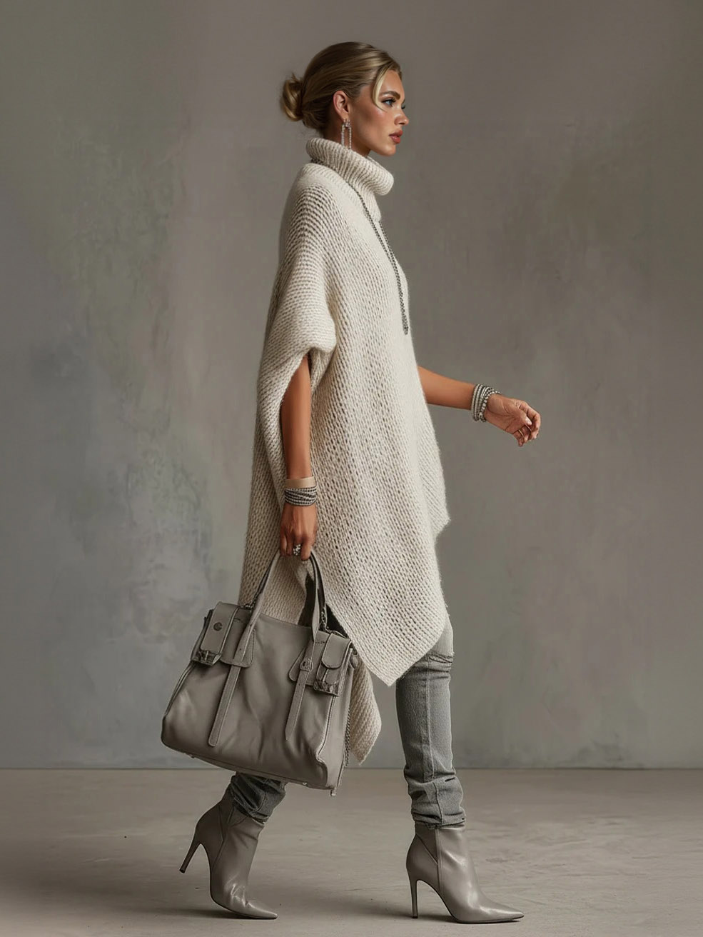 Asymmetrical Hem High-neck Knit Midi Dress