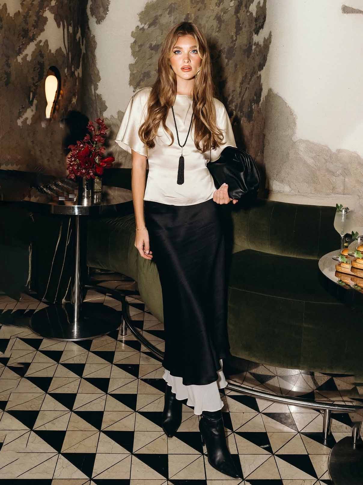 Elegant Satin Top & Layered Contrast Maxi Skirt Two-Piece Set