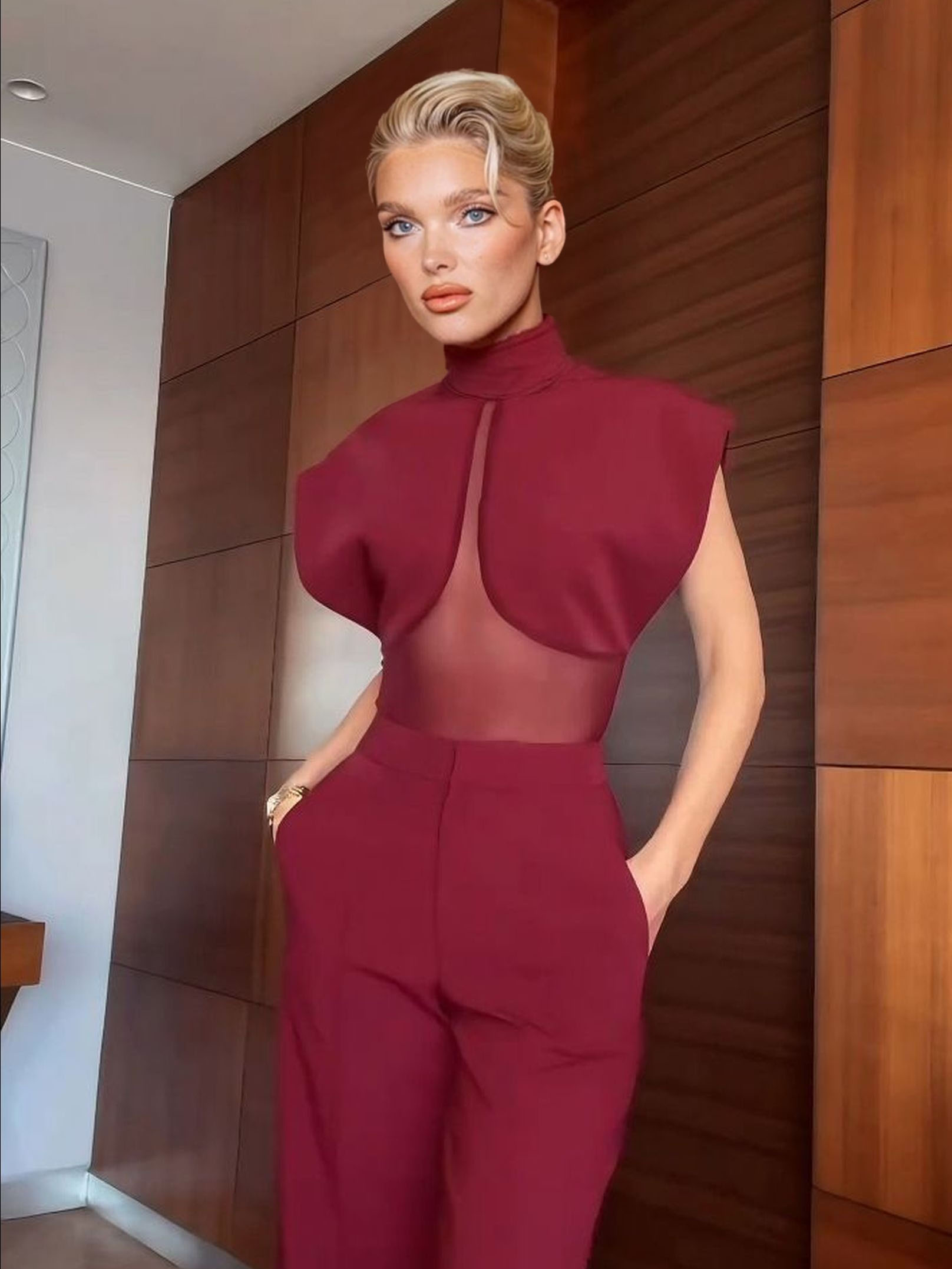 Elegant High-Neck Mesh Panel Top & Slit Pants Two-Piece Set